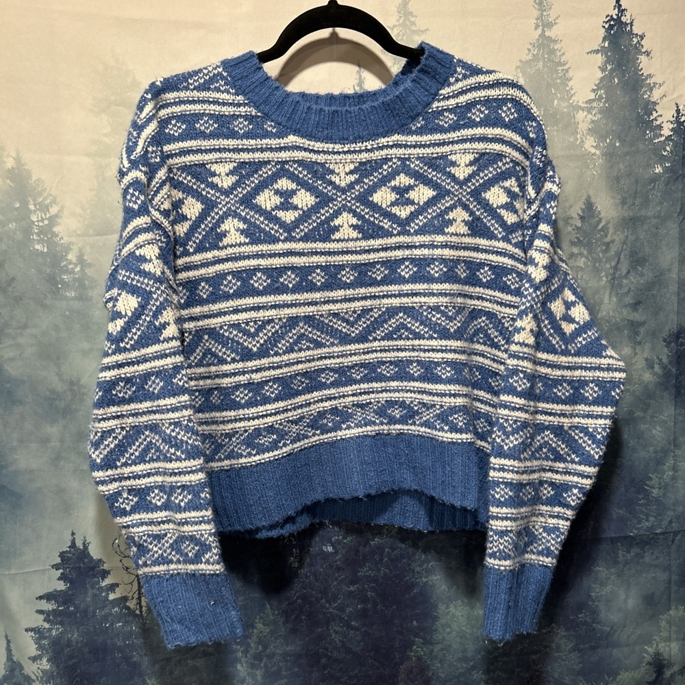 American Eagle Women's XS Crew Neck Sweater Printed Ribbed Crop Blue & White